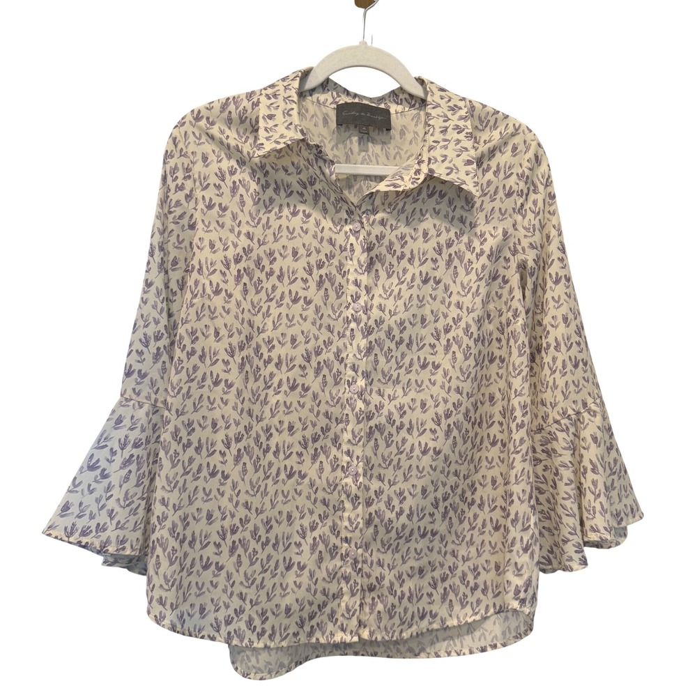 Sunday in Brooklyn Feminine Boho Blouse Top Bell Sleeve‎ M White Purple Floral